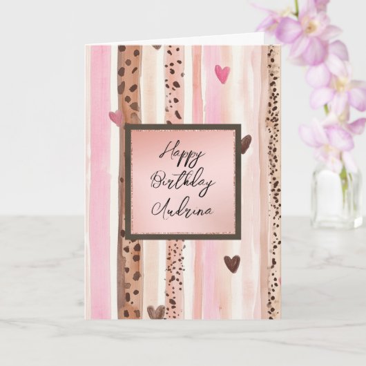 Pink Leopard Animal Stripes Hearts Blush Birthday カード (蘭)