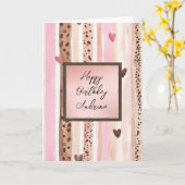 Pink Leopard Animal Stripes Hearts Blush Birthday カード (黄色い花)