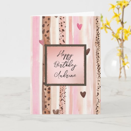 Pink Leopard Animal Stripes Hearts Blush Birthday カード (黄色い花)