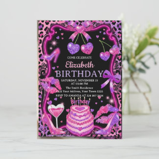 Pink Leopard Cherry Birthday Invitation 招待状