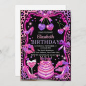 Pink Leopard Cherry Birthday Invitation 招待状 (正面/裏面)