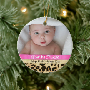 Pink Leopard Girlベビー初めてのクリスマス写真 セラミックオーナメント