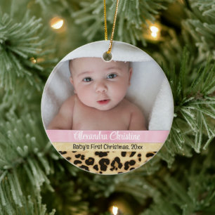 Pink Leopard Girl Babys初めてのクリスマス写真 セラミックオーナメント