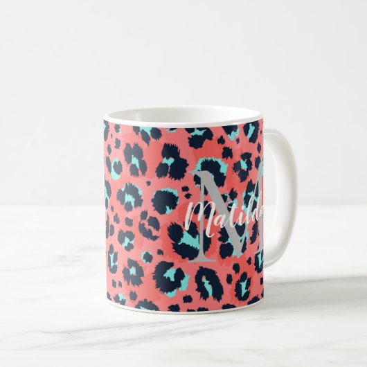 Pink Leopard Personalized Monogram & Name（Pink Leo コーヒーマグカップ (正面右)