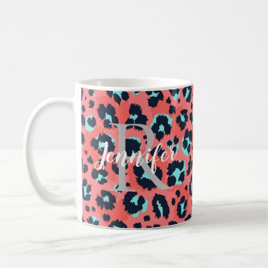 Pink Leopard Personalized Monogram & Name（Pink Leo コーヒーマグカップ (左)