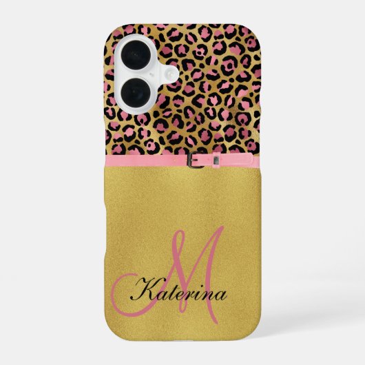 Pink Leopard Print and Gold Foil iPhone Case iPhone 16ケース (裏面)
