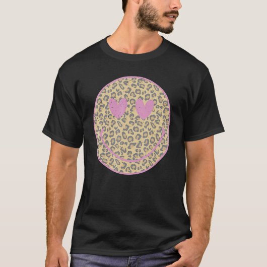 Pink Leopard Smile Face Heart Eyes Happy Face Tシャツ (正面)