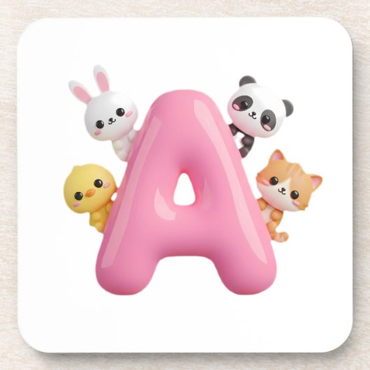 Pink Letter A Forest Animals Coaster Set コースター (正面)