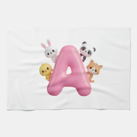 Pink Letter A Forest Animals Kitchen Towel キッチンタオル (横)