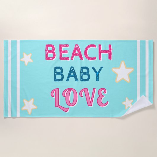 Pink Light Blue Beach Baby Love Stars ビーチタオル (正面)