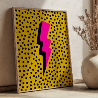 Pink Lightening Bolt on Dotted Yellow Pop Art ポスター