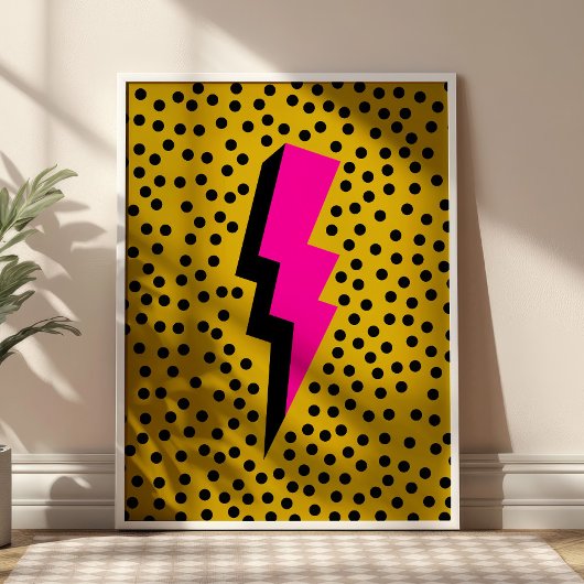 Pink Lightening Bolt on Dotted Yellow Pop Art ポスター