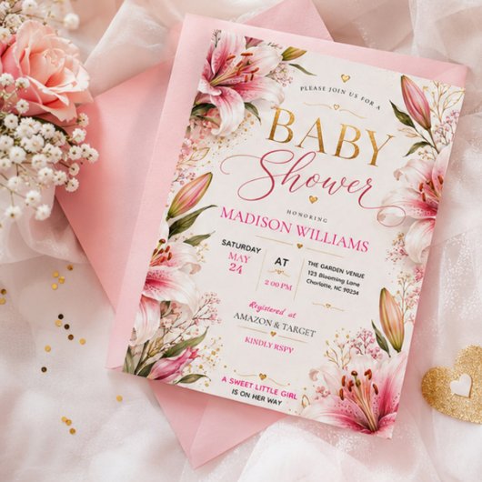 Pink Lily Baby Shower Invitation 招待状