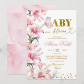 Pink Lily Floral Butterfly Baby in Bloom Invitatio 招待状 (正面/裏面)