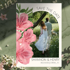Pink Lily Floral Modern Wedding Save the Date 招待状