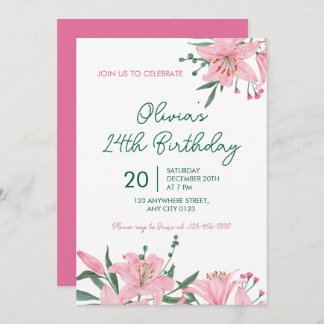 Pink Lily Garden Birthday Party Invitation 招待状