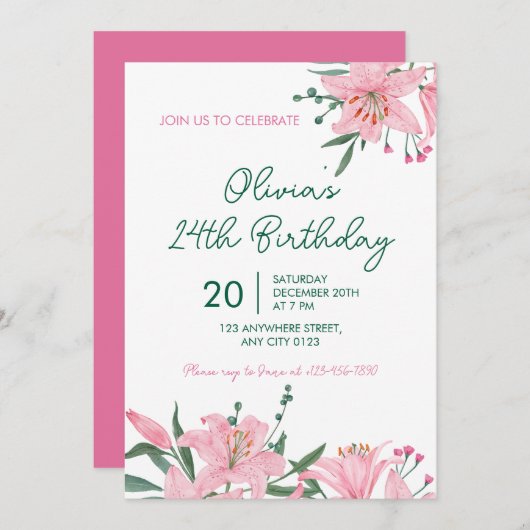 Pink Lily Garden Birthday Party Invitation 招待状 (正面/裏面)
