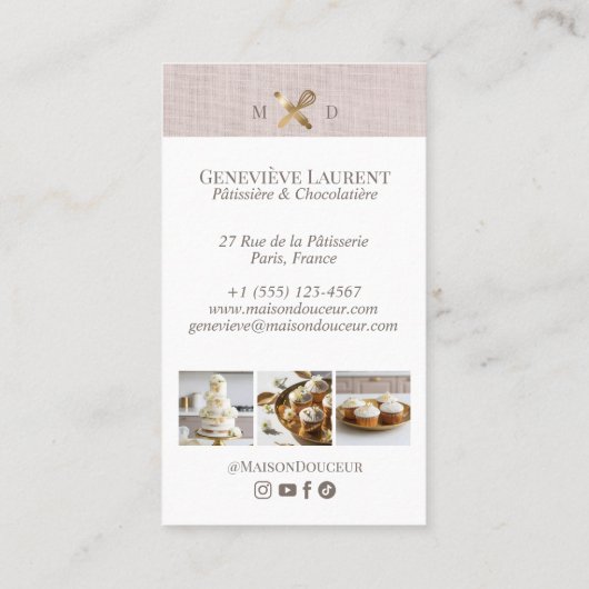 Pink Linen Elegant Chic Bakery Gold Whisk Photo  名刺 (裏面)