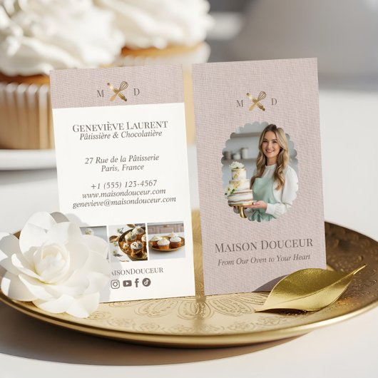 Pink Linen Elegant Chic Bakery Gold Whisk Photo  名刺
