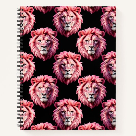 Pink Lion Head Animal Pattern Design - Black ノートブック (正面)