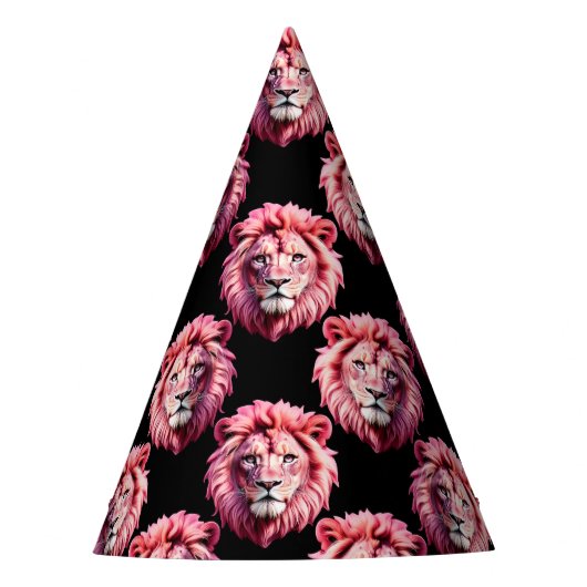 Pink Lion Head Animal Pattern Design - Black  パーティーハット (正面)