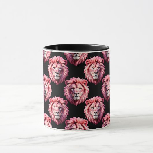 Pink Lion Head Animal Pattern Design - Black  マグカップ (中央)