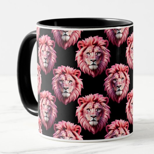 Pink Lion Head Animal Pattern Design - Black  マグカップ