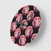 Pink Lion Head Animal Pattern Design - Black  ラウンド壁時計 (傾斜)
