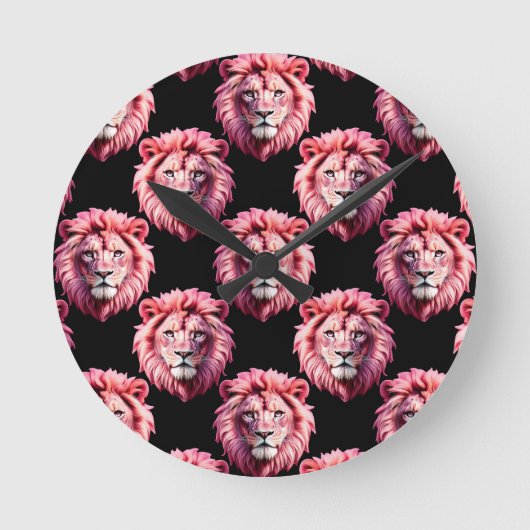 Pink Lion Head Animal Pattern Design - Black  ラウンド壁時計 (正面)