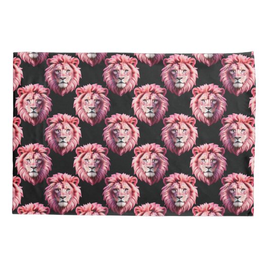 Pink Lion Head Animal Pattern Design - Black  枕カバー (裏面)