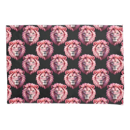 Pink Lion Head Animal Pattern Design - Black 枕カバー (正面)