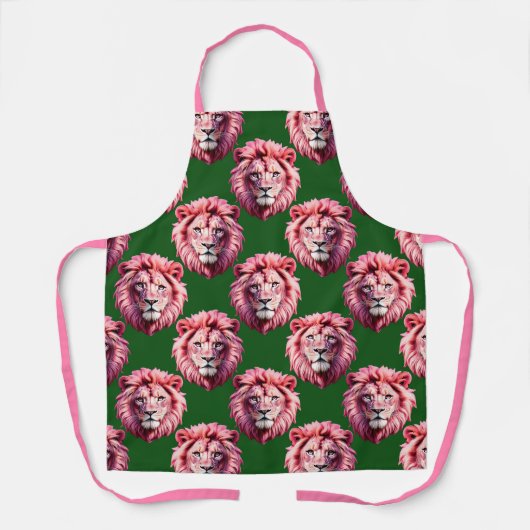 Pink Lion Head Animal Pattern Design Green  エプロン (正面)