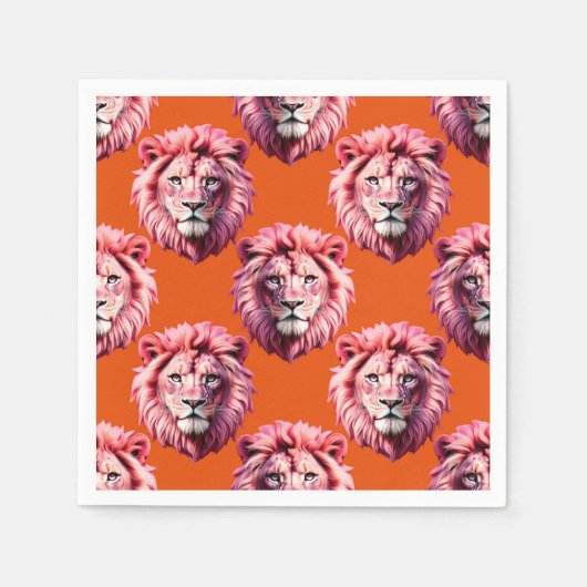Pink Lion Head Animal Pattern Design Orange スタンダードカクテルナプキン (正面)