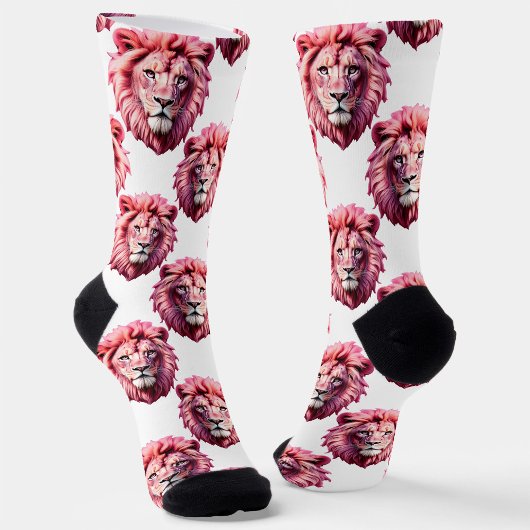 Pink Lion Head Animal Pattern Design White  ソックス
