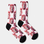 Pink Lion Head Animal Pattern Design White  ソックス (右)