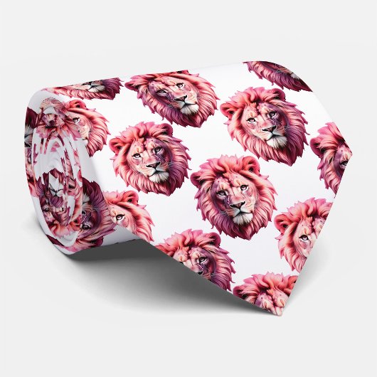 Pink Lion Head Animal Pattern Design White ネクタイ