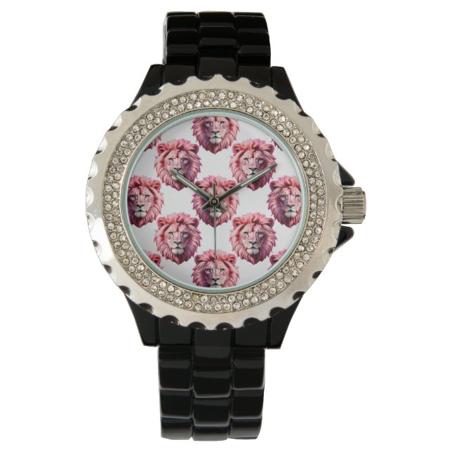 Pink Lion Head Animal Pattern Design White  腕時計 (正面)