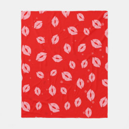 Pink Lipstick Kisses on Red Background Pattern  フリースブランケット