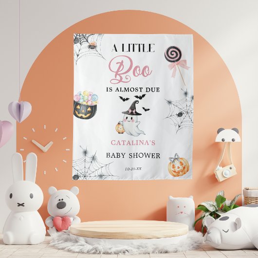 Pink Little Boo Cute Ghost Baby Shower Backdrop タペストリー