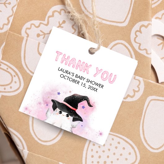 Pink Little Boo Ghost Witch Baby Shower Square フェイバータグ