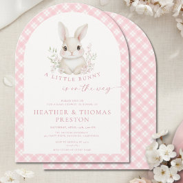 Pink Little Bunny Gingham Arch Baby Shower 招待状