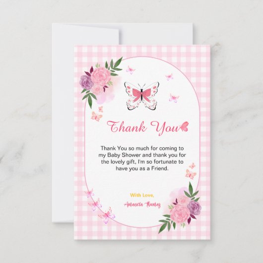 Pink Little Butterfly Baby Shower Thank You Cards  サンキューカード (正面)
