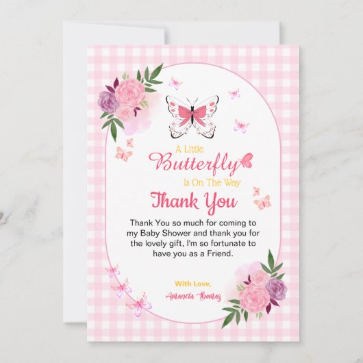 Pink Little Butterfly Baby Shower Thank You Cards  サンキューカード (正面)