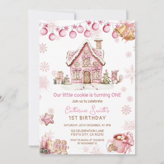 Pink Little Cookie Christmas 1st birthday  招待状 (正面)