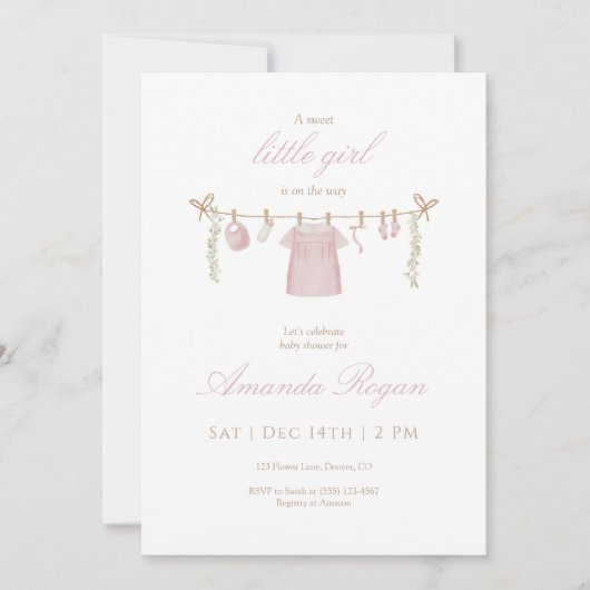 Pink Little Girl Baby Shower Invitation サンキューカード (正面)