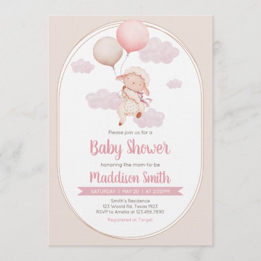 Pink Little Lamb Baby Shower 招待状 (正面)