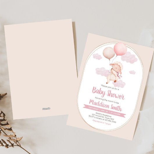 Pink Little Lamb Baby Shower 招待状