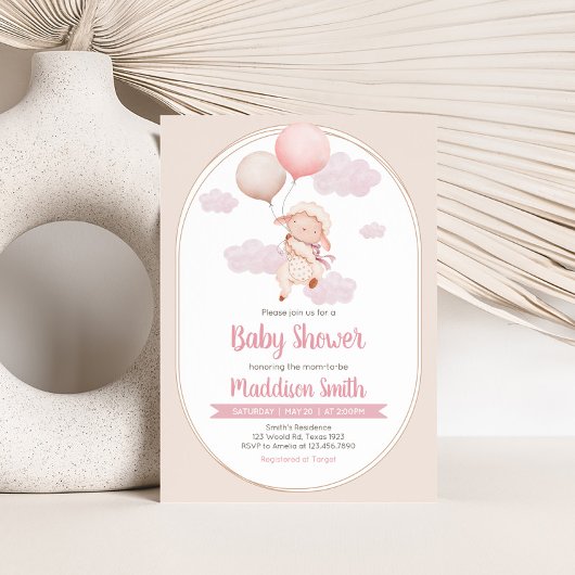 Pink Little Lamb Baby Shower 招待状