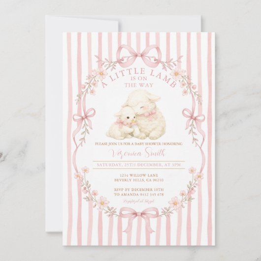 Pink Little Lamb Baby Shower Stripes Invitation 招待状 (正面)