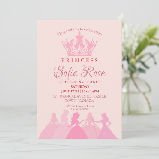  Pink Little Princess Crown Birthday 招待状 (スタンド正面)